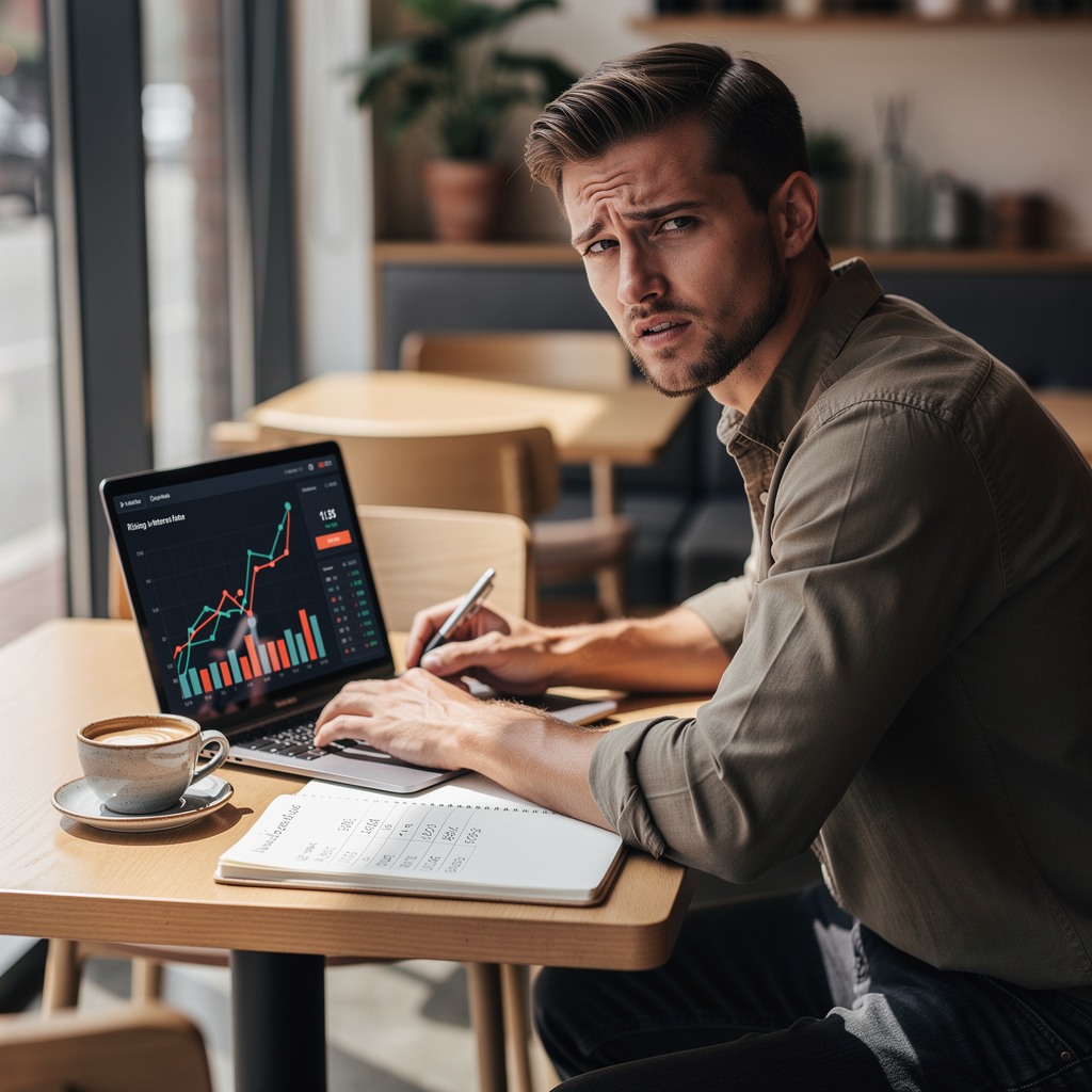 Attractive young White man looking concerned at laptop showing rising interest rate graphs