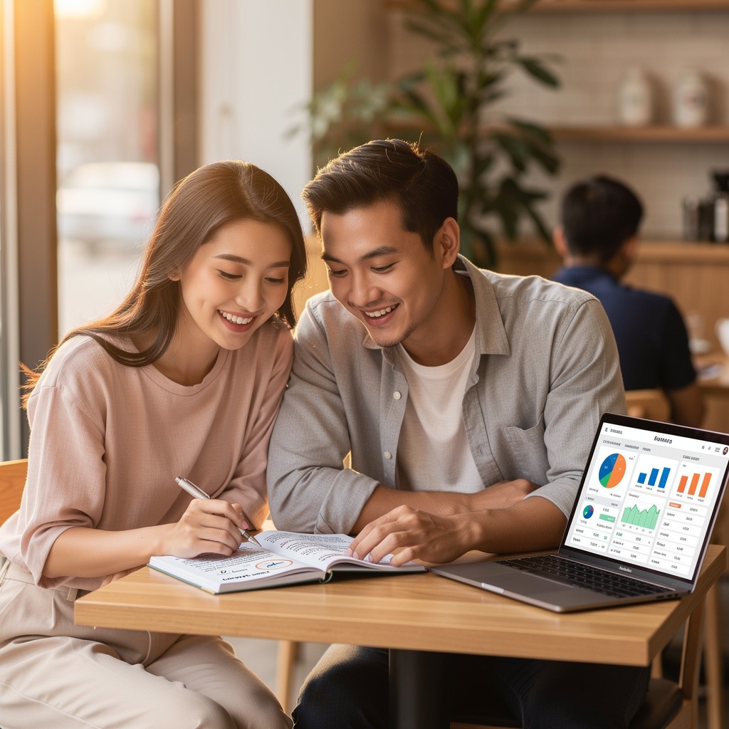 Cheerful young Asian man and his girlfriend reviewing a financial planning notebook at a coffee shop