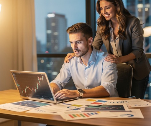 Cinematic wide-angle photograph of a handsome young White man in his mid-20s sitting at a clean modern desk, looking intently at multiple financial documents and charts spread across the surface, laptop open showing a graph with a dramatic rise and fall, warm but slightly tense lighting, photorealistic, professional editorial style, his attractive cheerful girlfriend stands behind him with a supportive hand on his shoulder, both well-dressed and healthy-looking, soft bokeh background of an apart