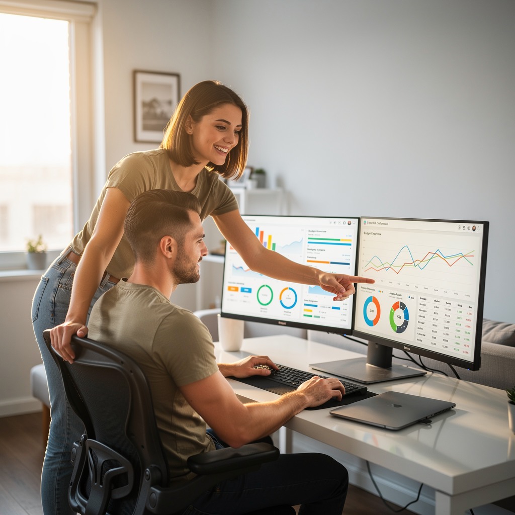 Young man reviewing financial data on multiple screens with charts and saving apps open