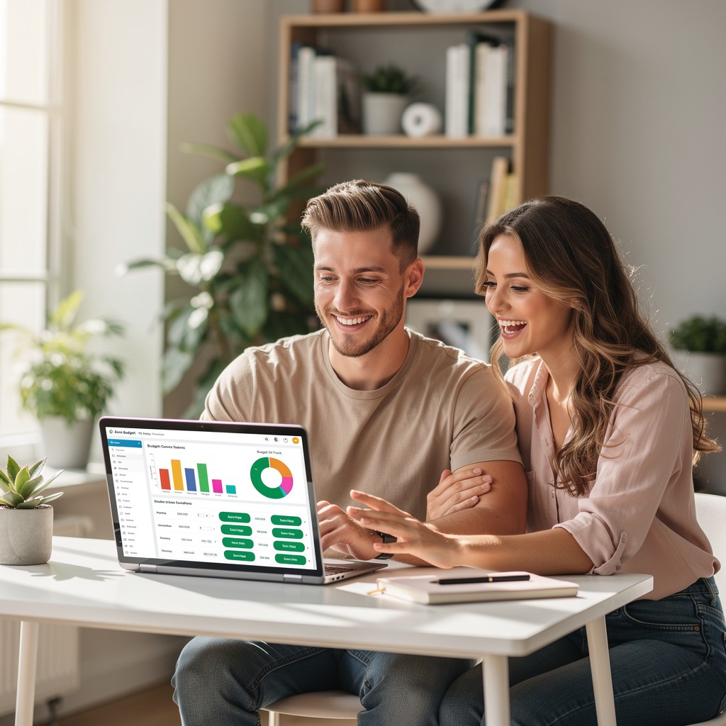 Handsome young White man sitting at a clean desk with a laptop showing budgeting app dashboard, smiling girlfriend beside him