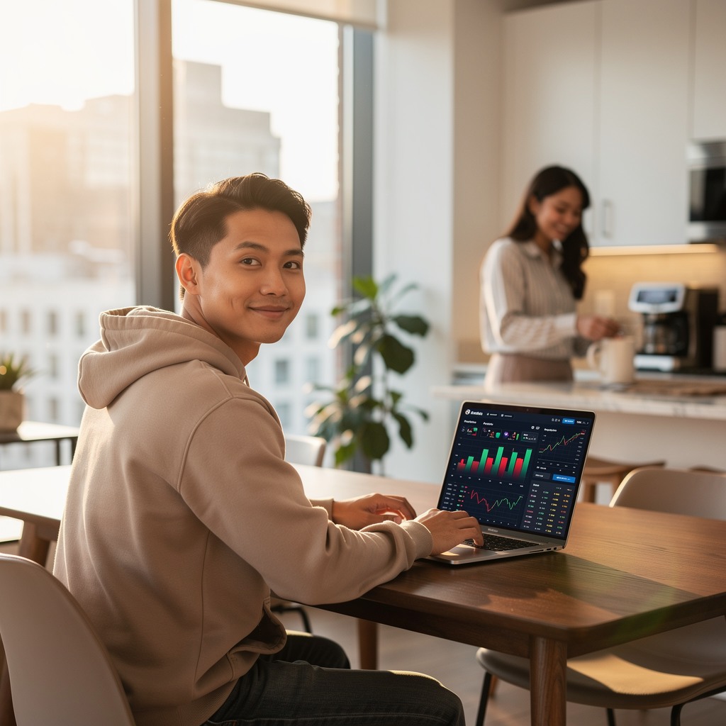 Young Asian man working remotely on laptop from a bright, modern apartment in a smaller city, cheerful girlfriend in background