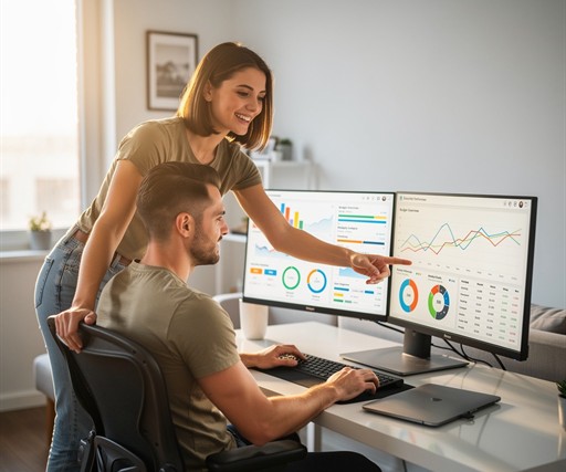 A photorealistic studio-quality photograph of a handsome young White man in his mid-20s sitting at a sleek, modern desk in a clean apartment, surrounded by two large monitors displaying colorful financial dashboards, budgeting app interfaces, and investment portfolio charts. He has sharp, focused eyes and is wearing a casual fitted t-shirt. His attractive cheerful girlfriend leans over his shoulder pointing at the screen with a smile. Warm, bright natural lighting. Tech-forward, optimistic aesth