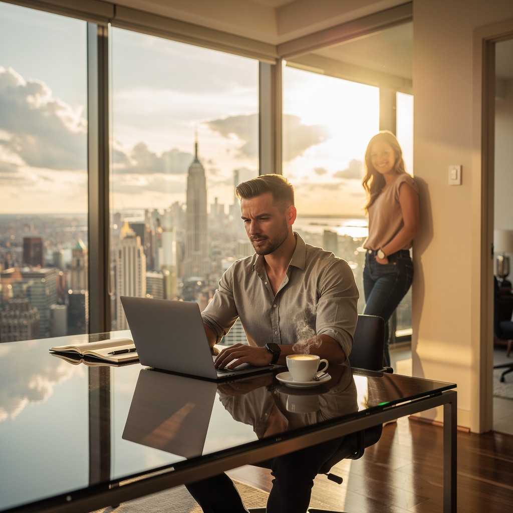 Young man working remotely on laptop overlooking a vibrant city skyline