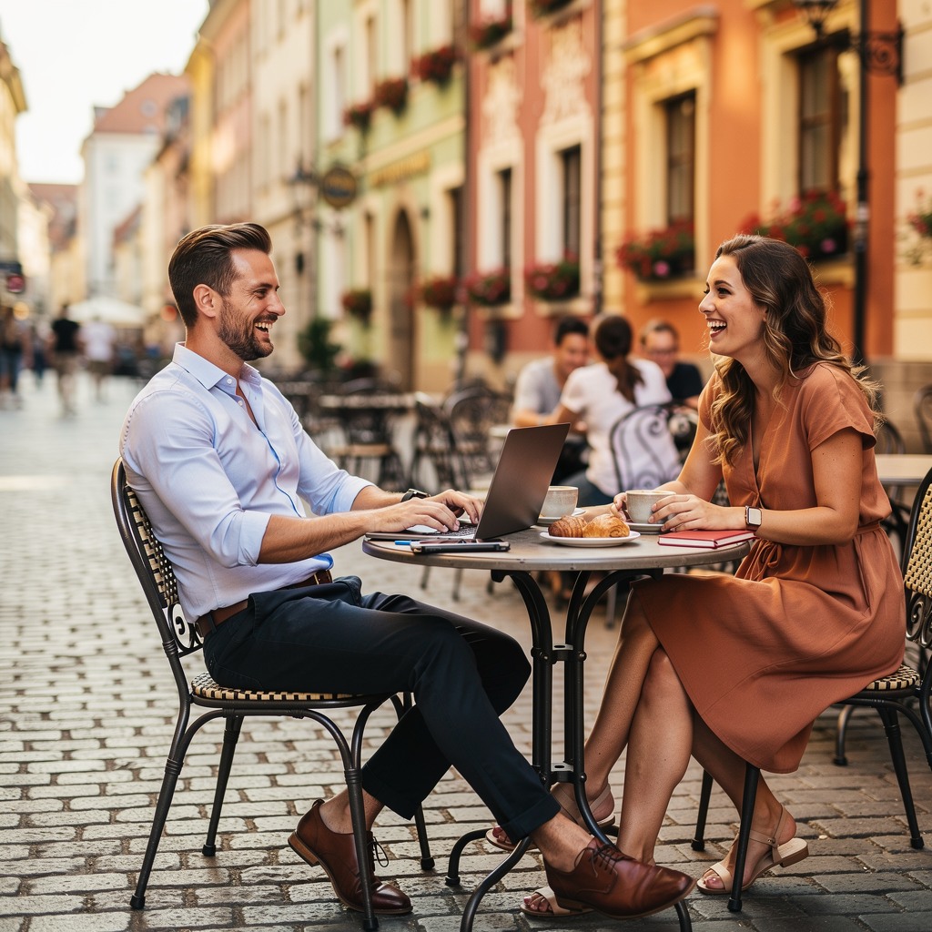 Confident young White man with his girlfriend at a cafe in a picturesque Eastern European city