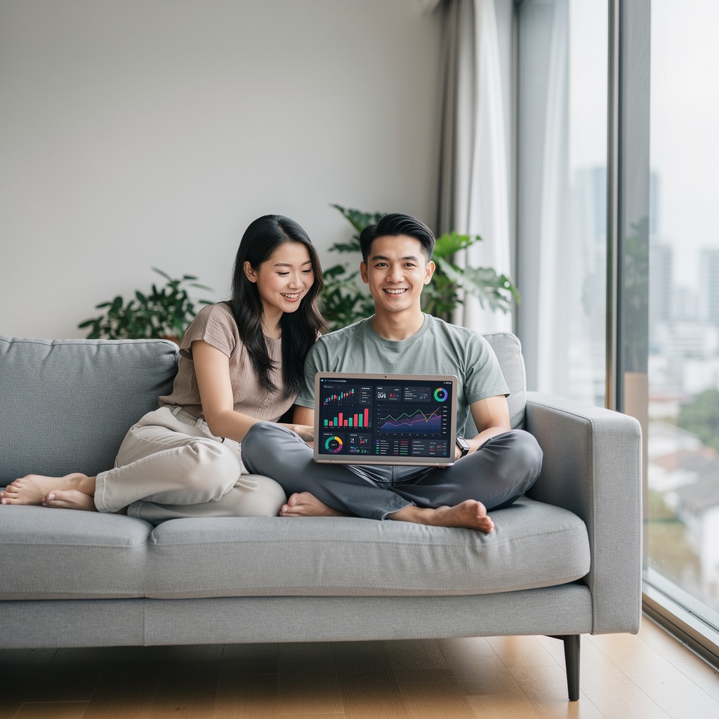 Young Asian man smiling with his girlfriend while reviewing financial charts on a laptop in a modern apartment
