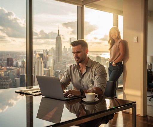 Cinematic wide-angle photograph of a handsome, athletic White man in his mid-twenties sitting at a sleek modern desk with a high-performance laptop, coffee, and a notebook, with a breathtaking panoramic city skyline visible through floor-to-ceiling windows behind him. Golden hour natural lighting. His attractive, cheerful girlfriend leans against the doorframe in the background smiling. Photorealistic, editorial quality, warm color grading, sharp focus, premium lifestyle aesthetic.