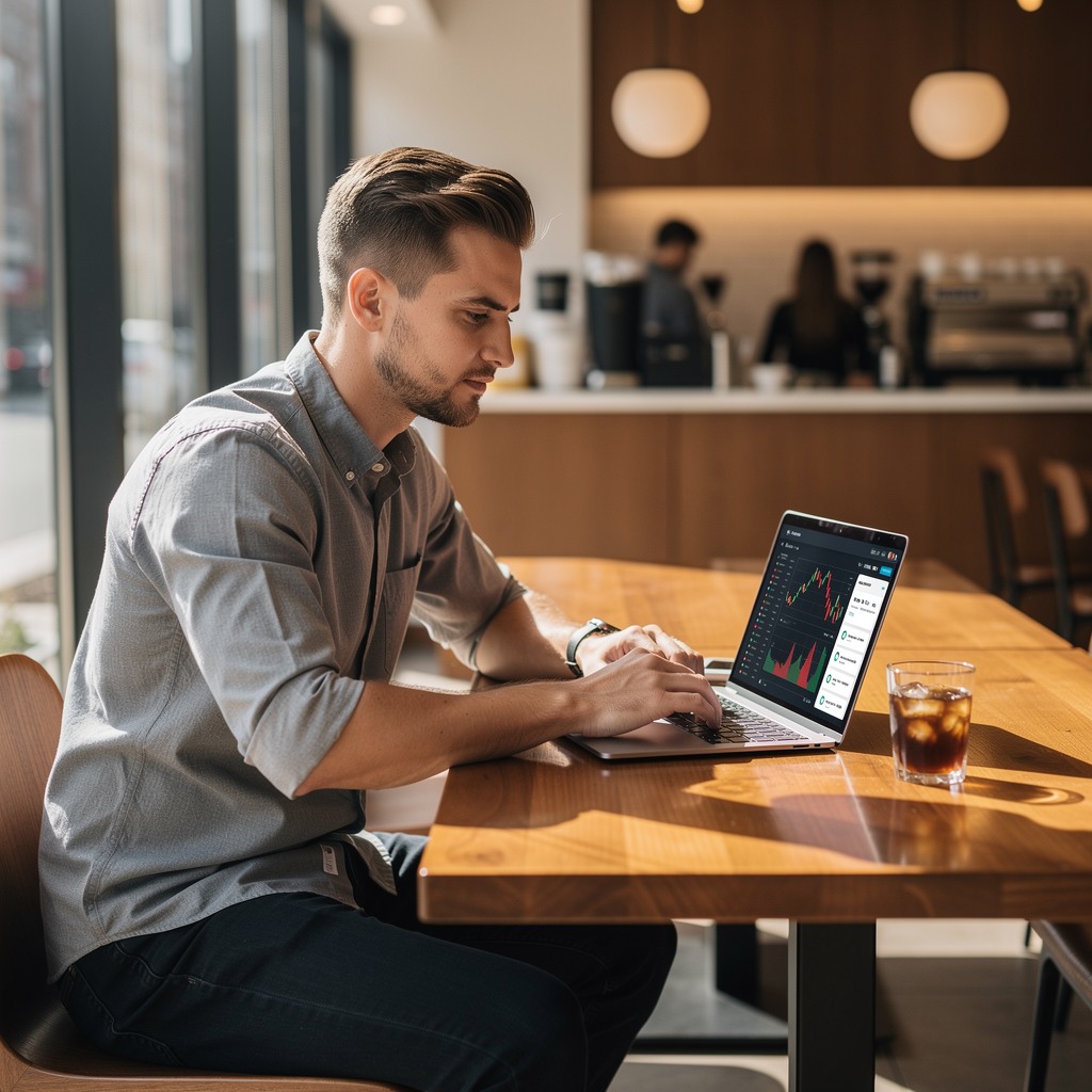 Young man working on laptop at a coffee shop building his freelance business