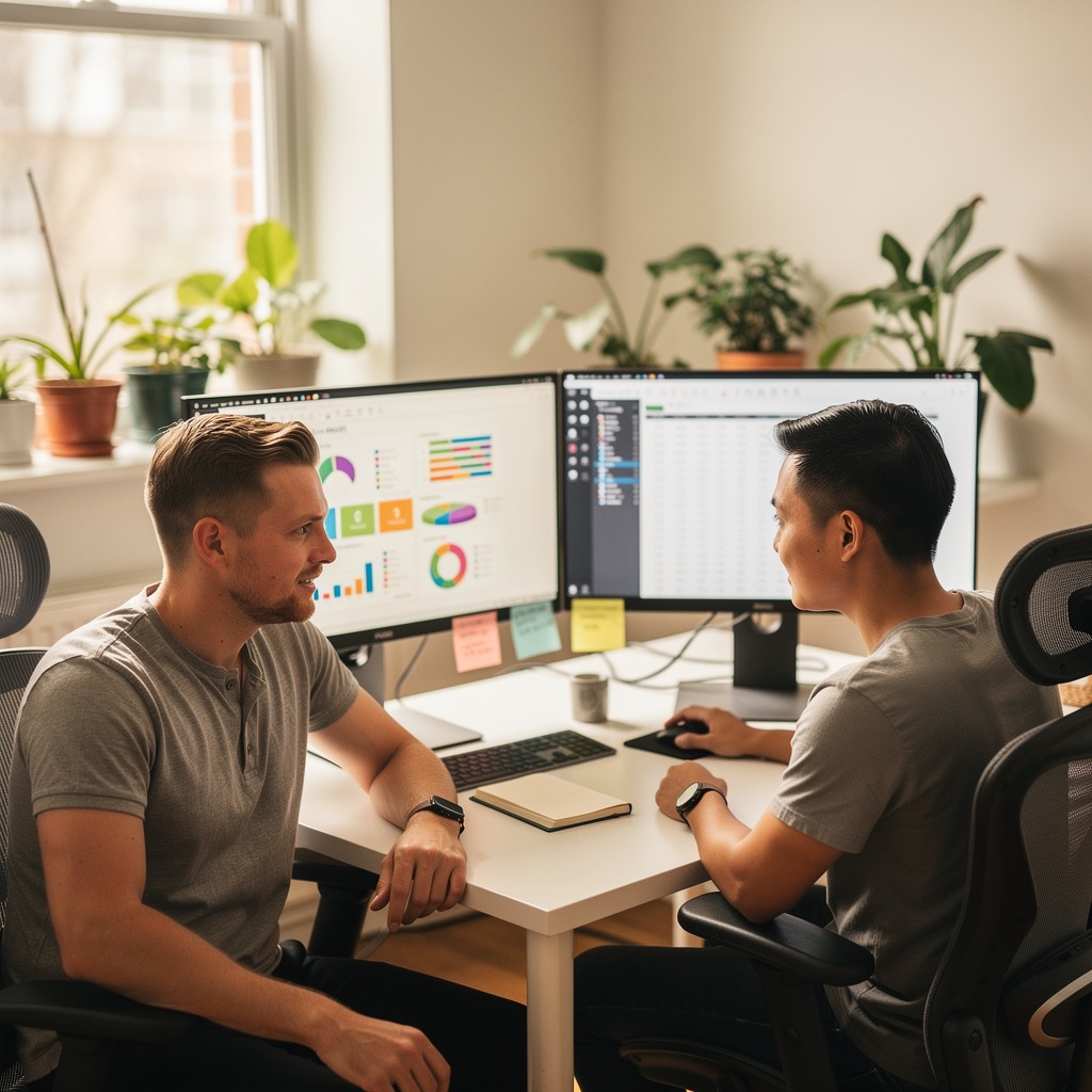 Two young men reviewing financial analytics and platform dashboards on multiple screens