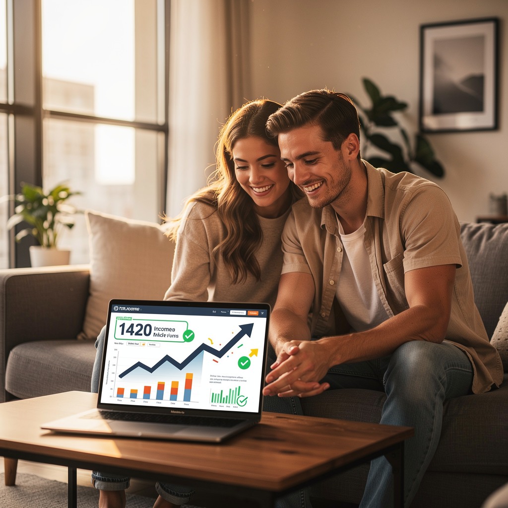 Young man and his girlfriend celebrating a financial milestone at home with laptop showing income dashboard
