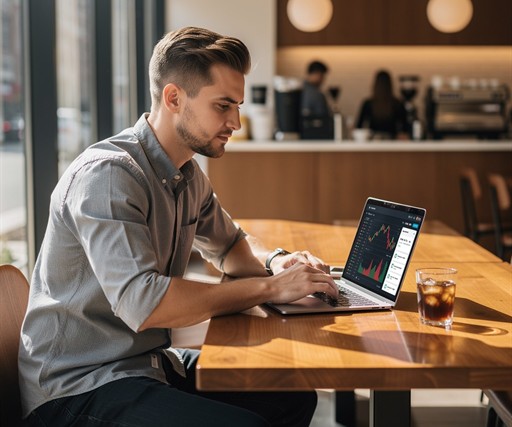A handsome, focused young White man in his mid-20s sitting at a polished wooden corner table in a modern, warmly lit coffee shop, working intently on a sleek laptop with financial charts and a freelance dashboard visible on the screen, a cold brew coffee beside him, natural window light casting clean shadows, photorealistic editorial style, sharp depth of field, professional photography aesthetic