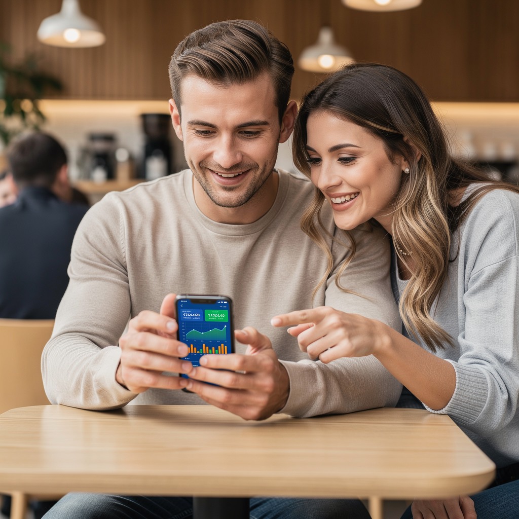 Young man reviewing financial apps on his phone at a coffee shop