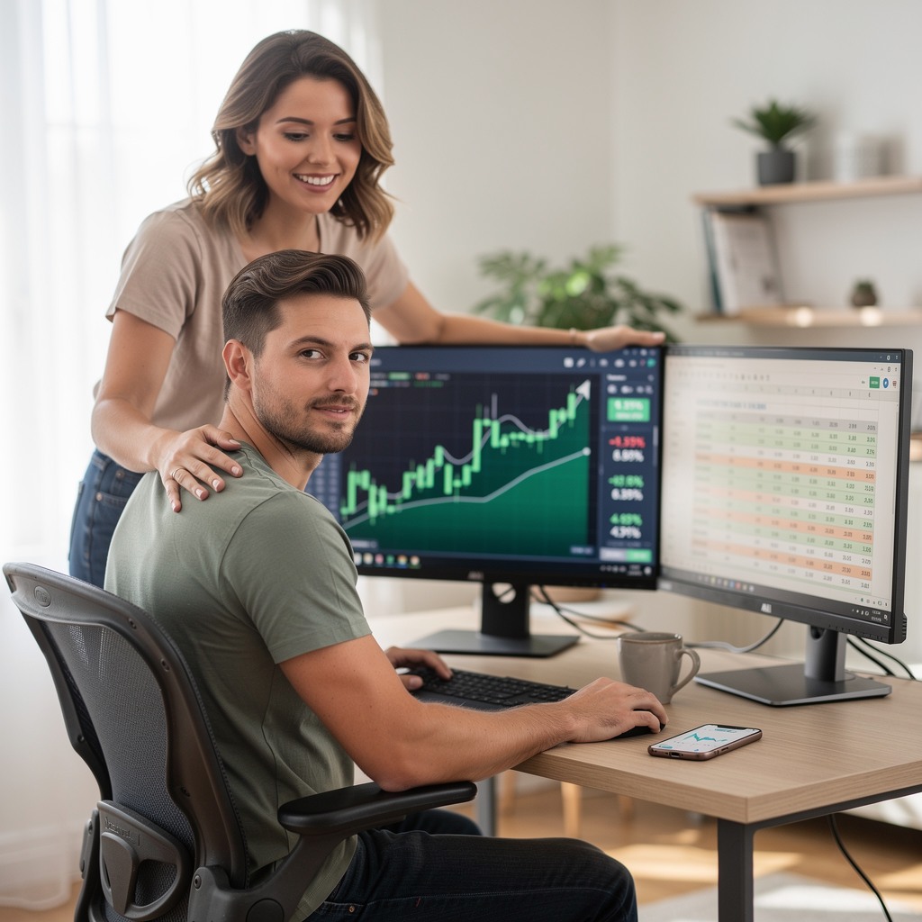 Young White man tracking investments and savings on a laptop and phone setup at home