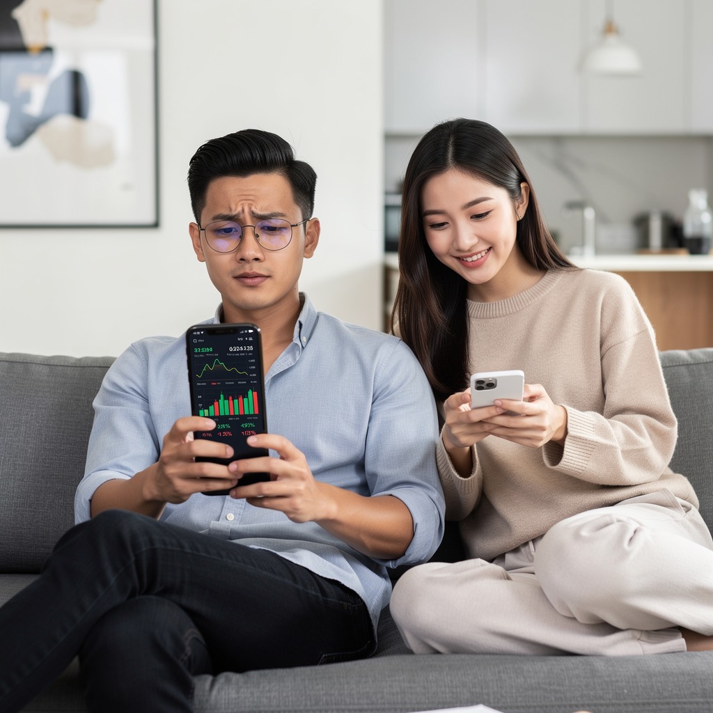 Young Asian man looking skeptical while scrolling through a financial app on his phone
