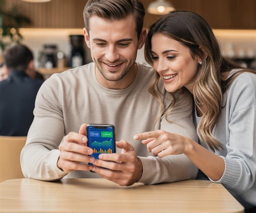 Photorealistic editorial photograph of a handsome, healthy White man in his mid-20s with neat hair, sitting at a minimalist wooden coffee shop table. He is intently focused on his smartphone displaying colorful financial app interfaces with charts and account balances. His cheerful, attractive girlfriend with long hair sits beside him, leaning in and pointing at the screen with a smile. Warm ambient lighting, shallow depth of field, professional photojournalism style. Modern, aspirational but gr
