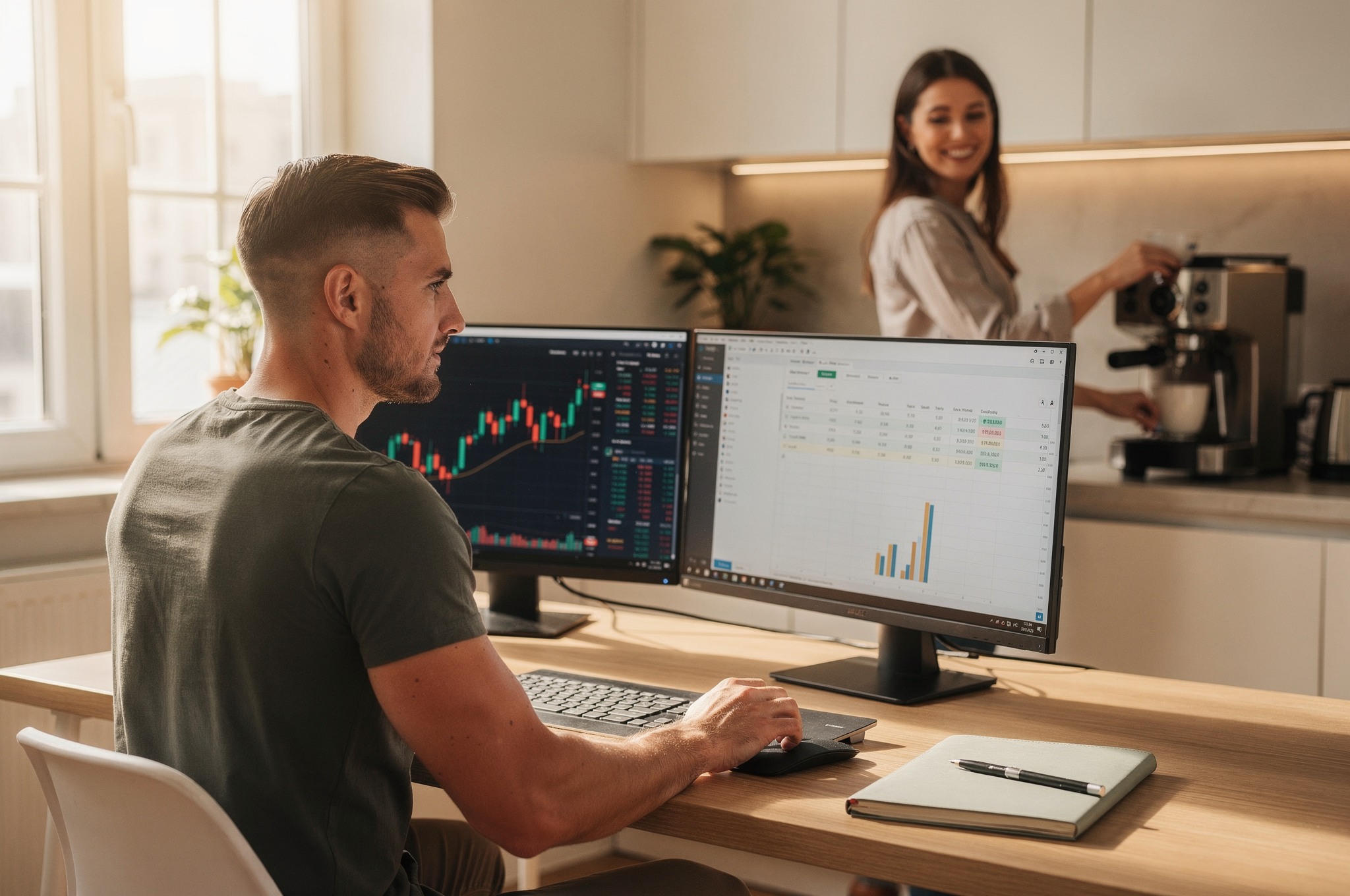 Young man analyzing financial trends on phone and laptop