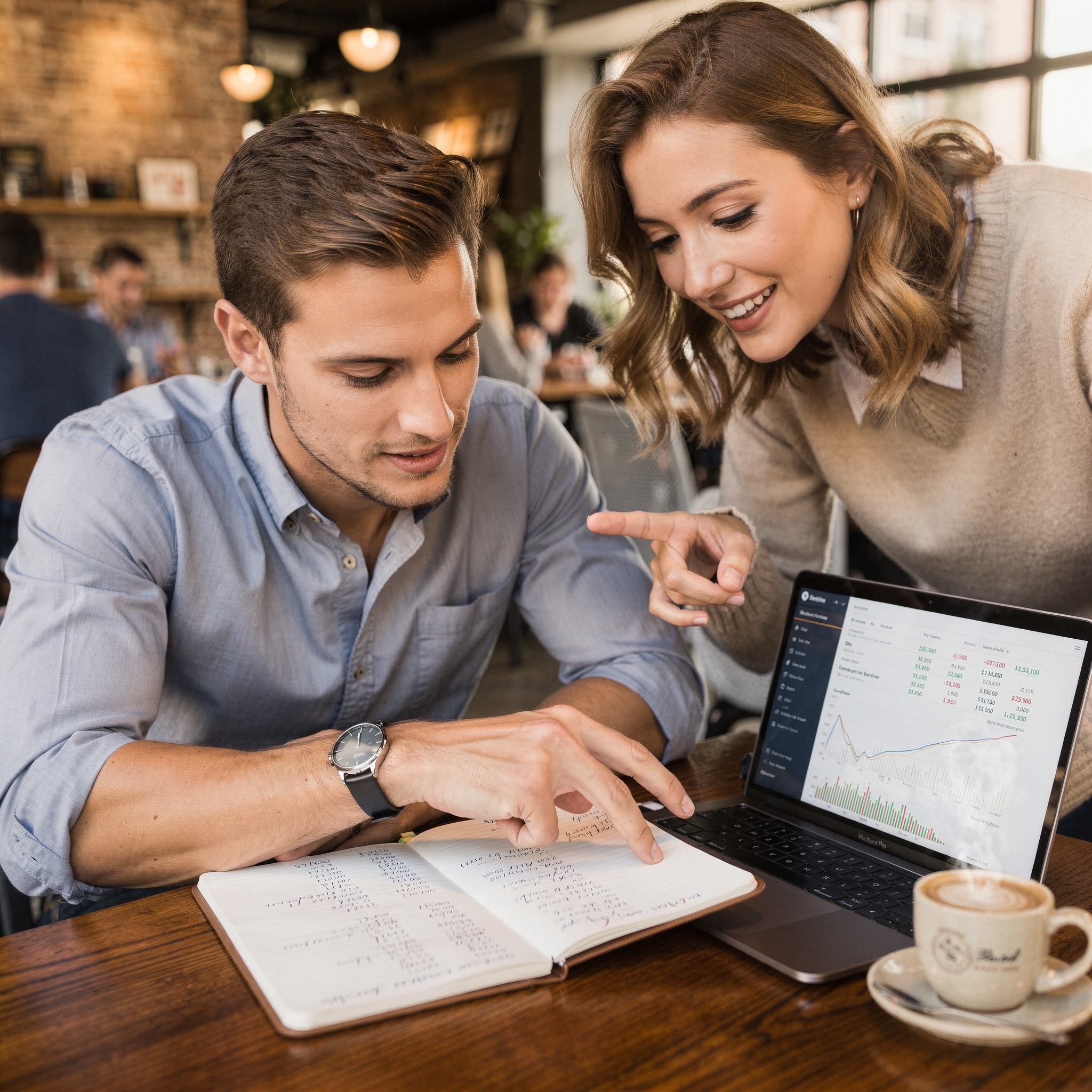 Young White man confidently reviewing budget spreadsheet at cafe