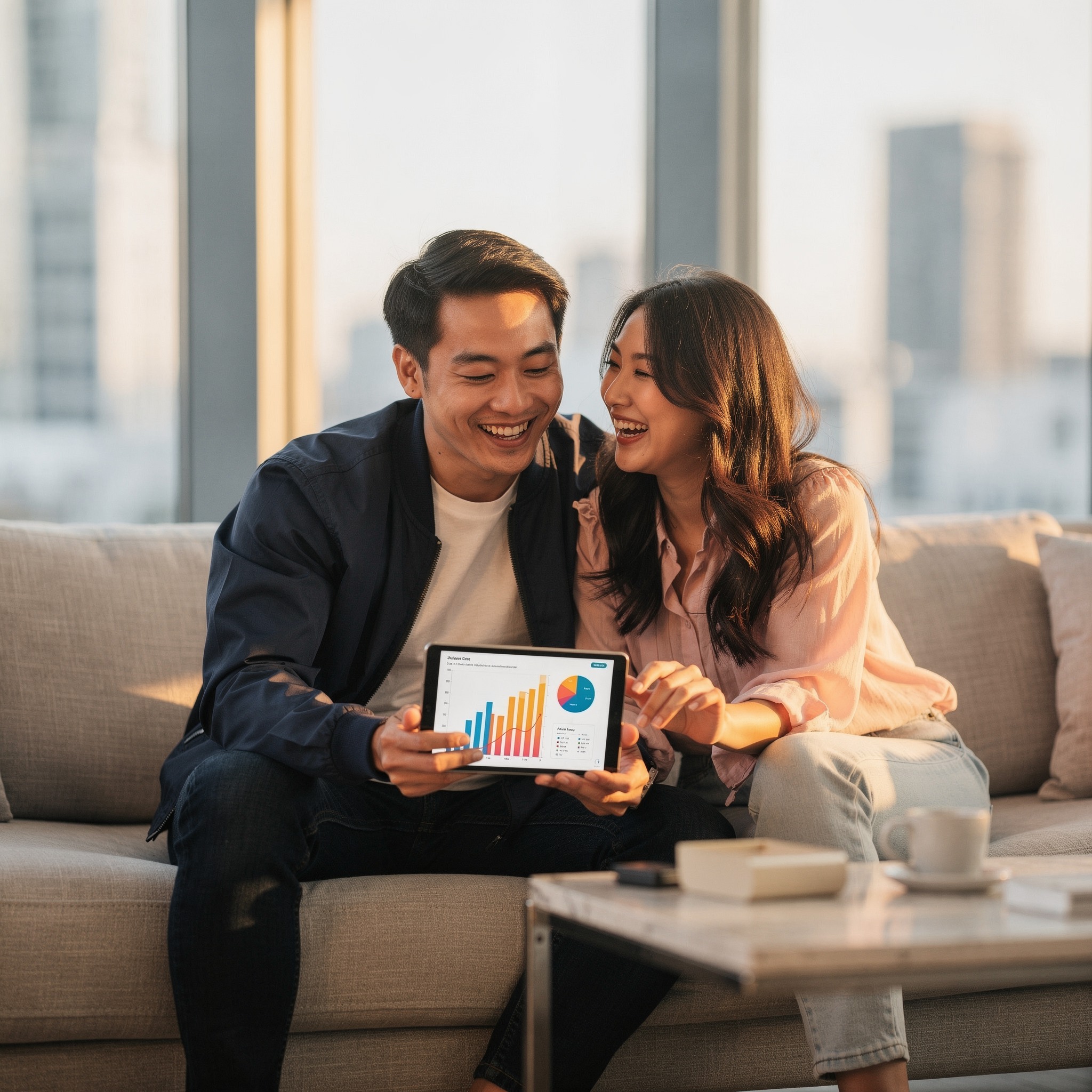 Young Asian man and his girlfriend laughing while reviewing investment portfolio on tablet