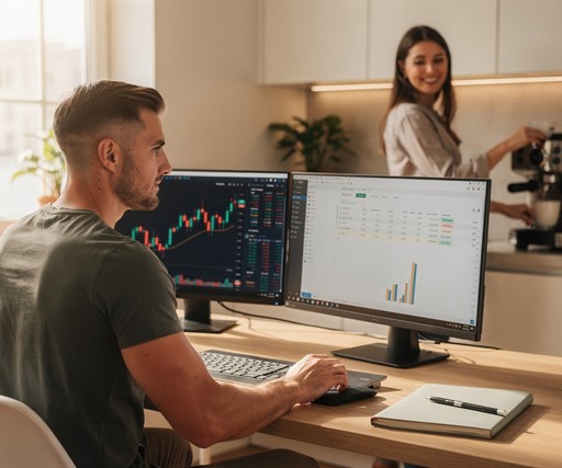 A confident, healthy, handsome White man in his late 20s sitting at a minimalist wooden desk, dual monitors showing stock charts and a budgeting spreadsheet, wearing a casual fitted t-shirt, natural window light, his attractive cheerful girlfriend visible in the background smiling while making coffee in a modern apartment kitchen. Photorealistic, warm tones, editorial photography style.