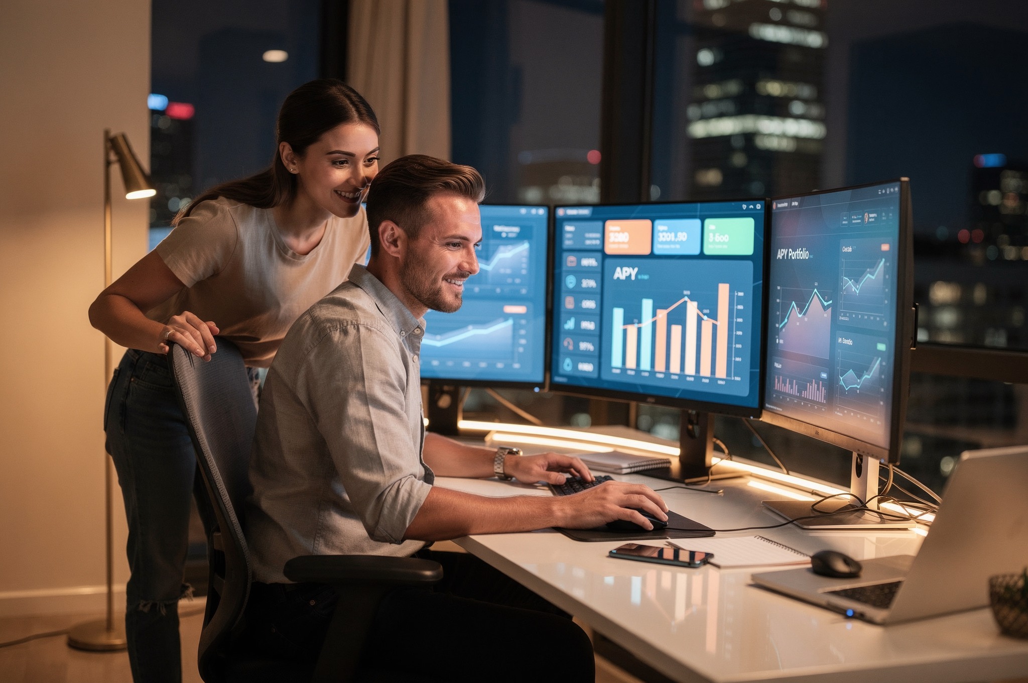 Young man analyzing financial app data on multiple screens