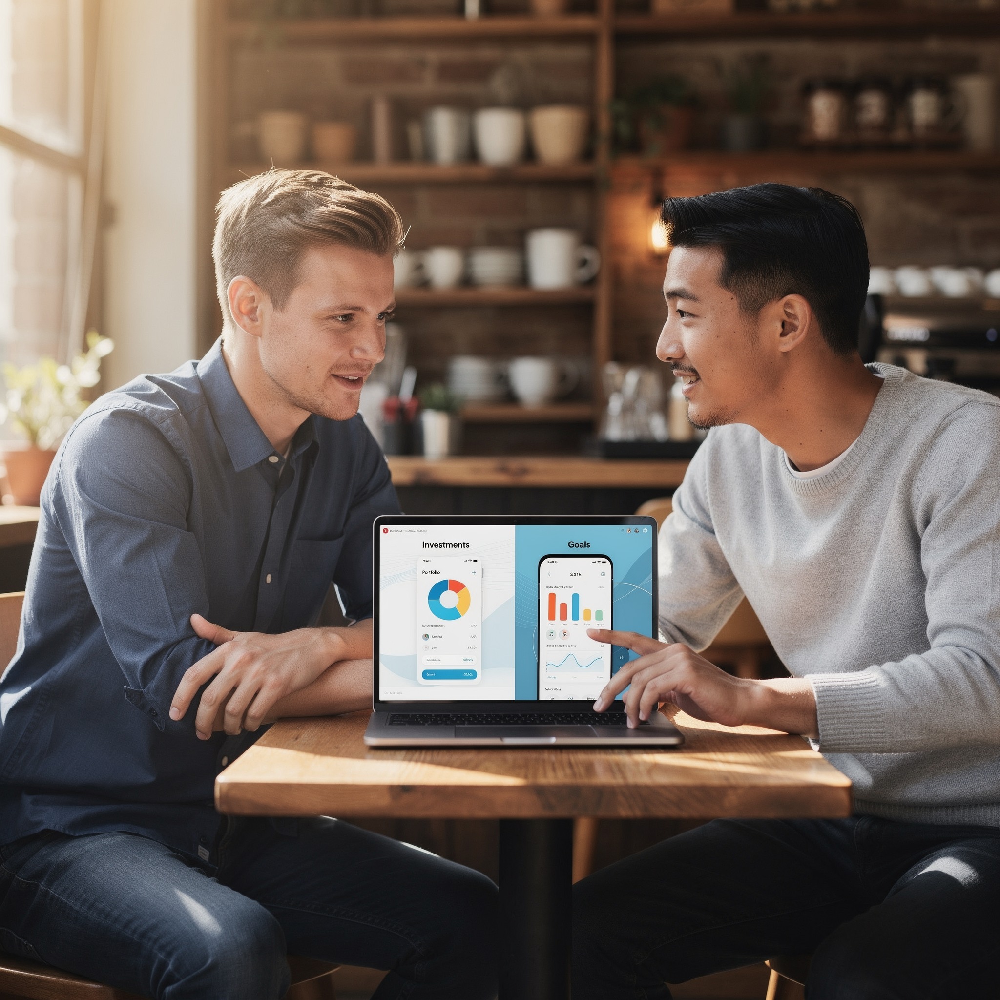 Two young men reviewing investment app data together on a laptop