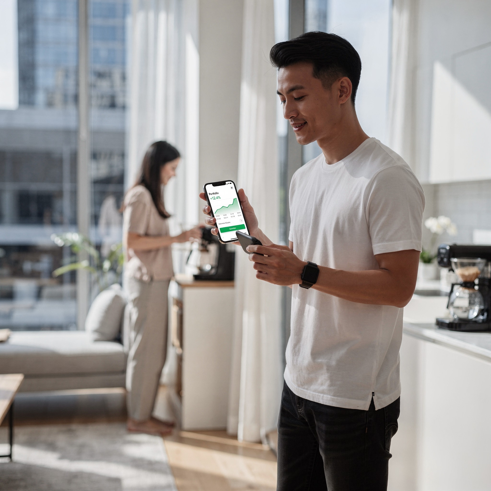 Young Asian man confidently using financial planning app on smartphone