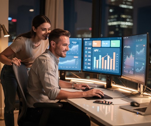 A cinematic wide-angle shot of a handsome young White man in his mid-20s sitting at a clean, modern desk with multiple monitors displaying colorful financial app dashboards, bar charts, and APY comparison graphs. The room has warm ambient lighting with a city skyline visible through a large window at night. His attractive, cheerful girlfriend leans over his shoulder looking at the screens with interest. The mood is focused, intelligent, and aspirational. Photorealistic, high resolution, editoria