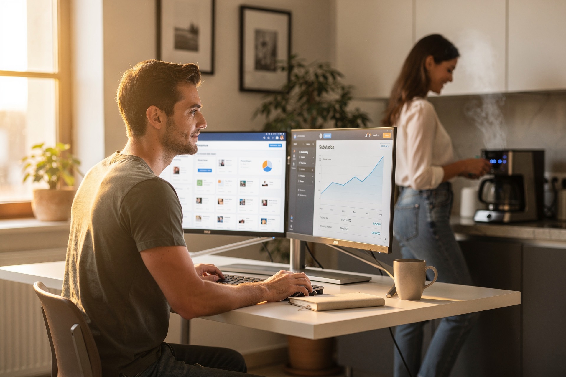 Young man working on laptop at a clean modern desk setup with multiple income streams displayed on screen