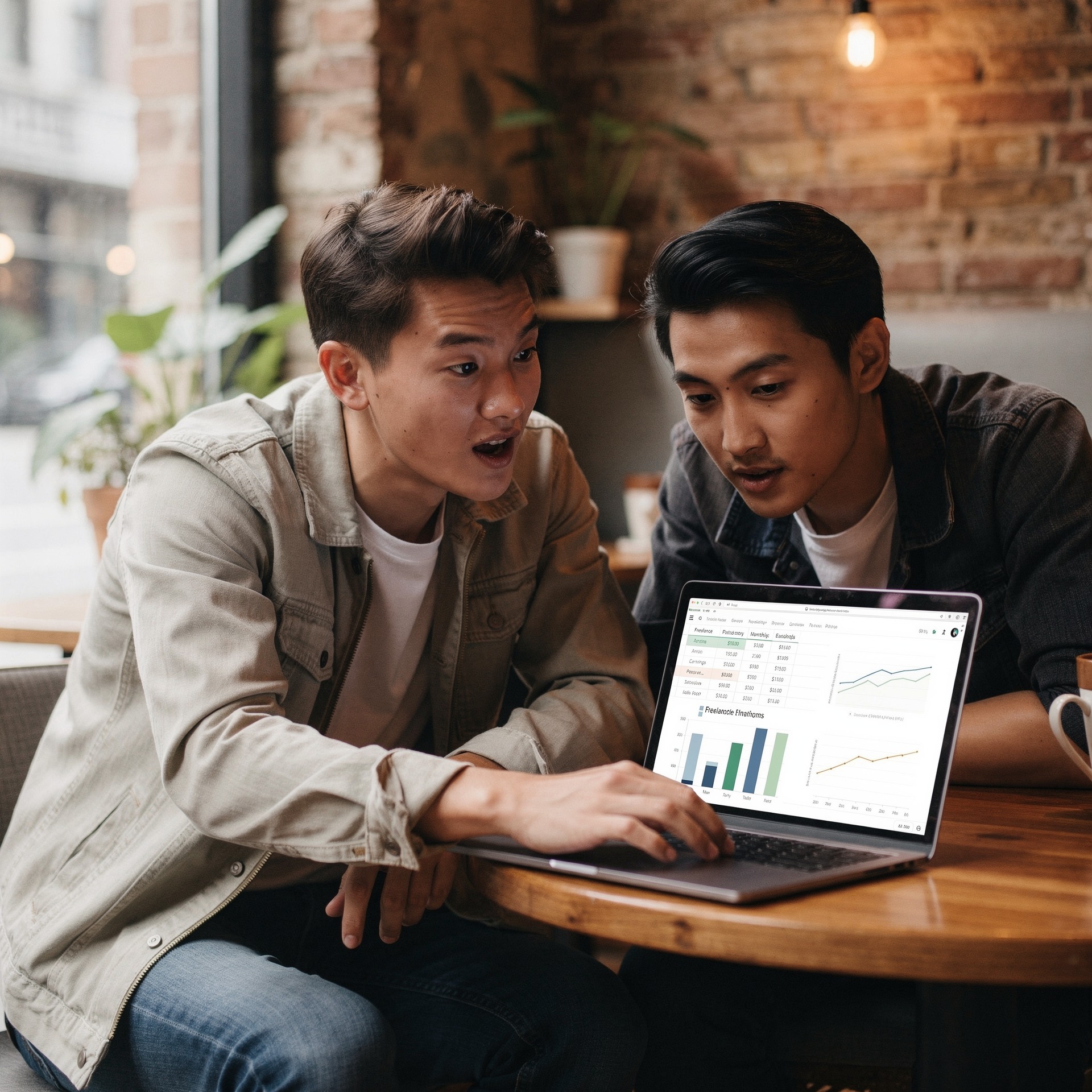 Two young men reviewing income spreadsheets and freelance platform dashboards together at a coffee shop
