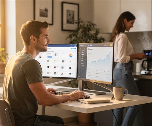 Photorealistic editorial photograph of a handsome, healthy young White man in his mid-twenties sitting at a minimalist modern desk with dual monitors showing freelance dashboards, invoice software, and a Substack analytics page. Warm morning light, clean apartment background, focused and calm expression. His attractive cheerful girlfriend is visible in the soft background making coffee. Professional news photography style, sharp depth of field, 16:9 crop.