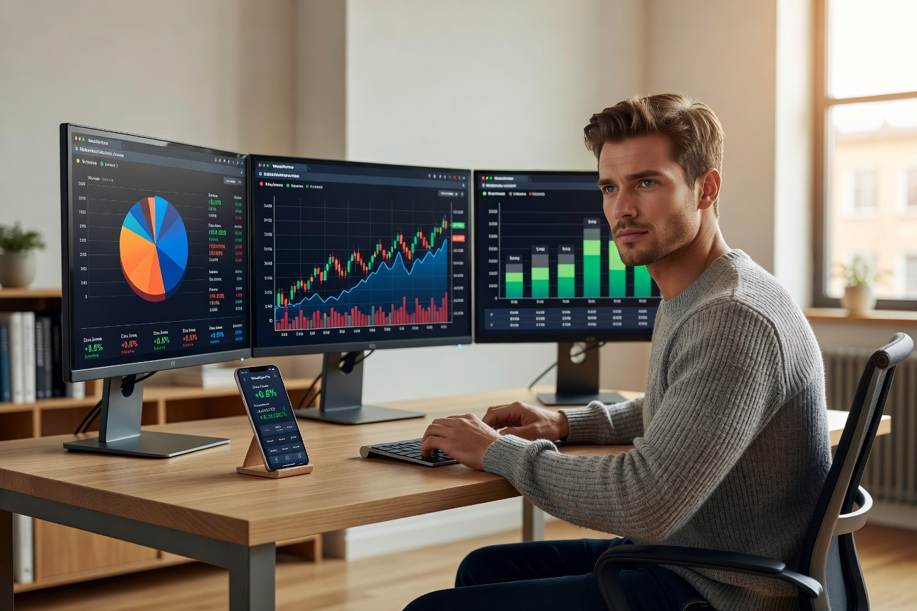 Young man analyzing his finances on a laptop surrounded by budget charts and a smartphone showing a finance app