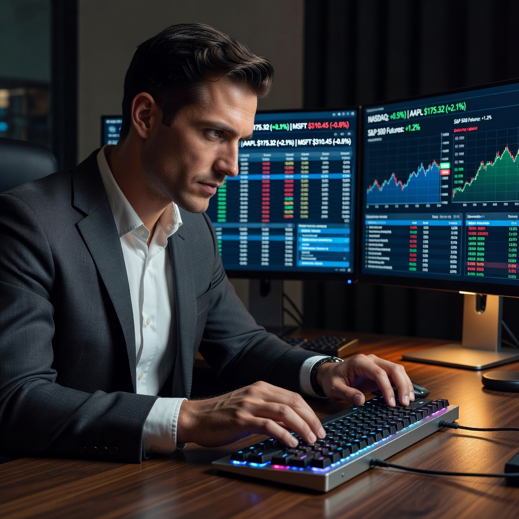 Close-up of a young White man's hands typing on a keyboard with financial data and app dashboards on dual monitors