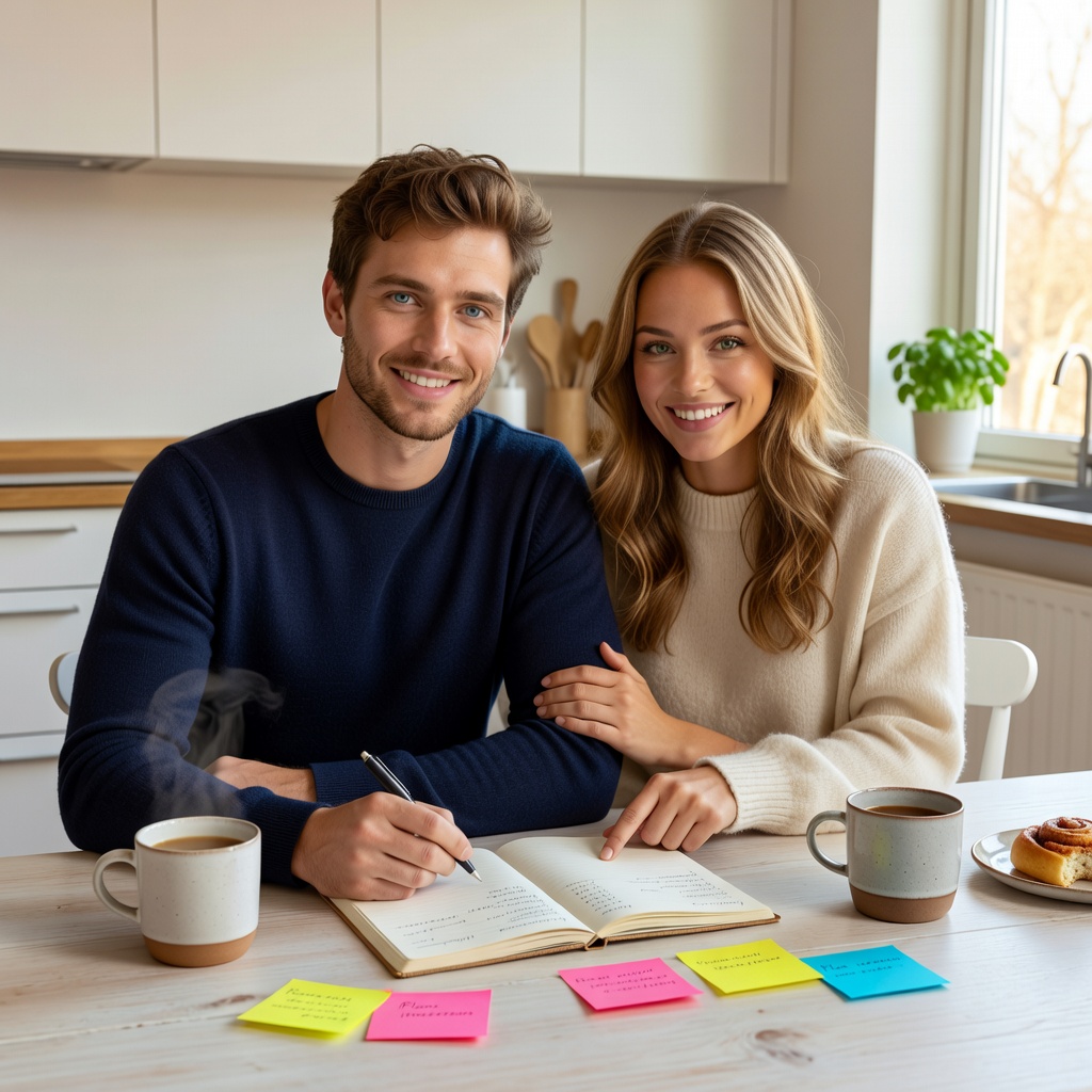 Young White man and his cheerful girlfriend reviewing a handwritten budget notebook at a kitchen table with coffee cups