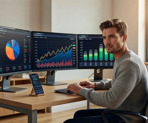 A focused, handsome young White man in his mid-20s sitting at a modern minimalist desk, multiple monitors displaying colorful financial dashboards, budget charts, and a smartphone showing a finance app interface, warm morning light, photorealistic, magazine-quality editorial photography, cinematic depth of field, confident and thoughtful expression