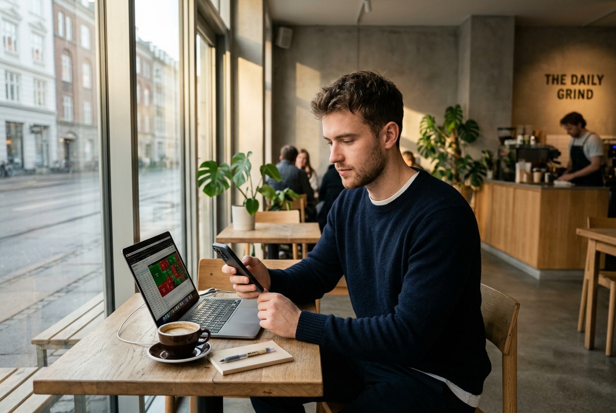 Young man checking multiple financial apps on his phone at a coffee shop in the early morning