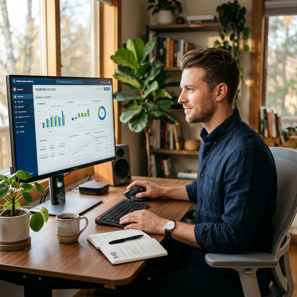Focused young White man reviewing Mercury business banking dashboard on laptop at a clean home office desk