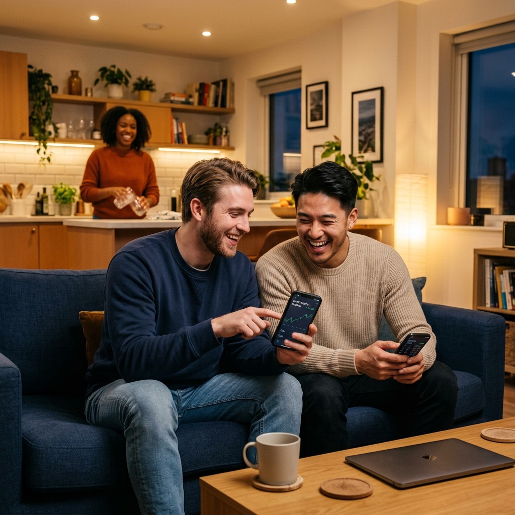 Two young men, one White and one Asian, reviewing investment app data together at a modern apartment in the evening