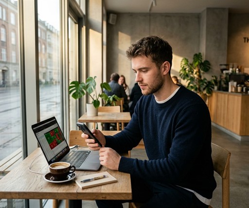A photorealistic editorial photograph of a handsome young White man in his mid-20s sitting at a minimalist coffee shop in the early morning, soft golden sunrise light coming through large windows, checking multiple financial app dashboards on a modern smartphone with a focused but calm expression, a laptop open nearby, clean aesthetic, professional lifestyle photography style, high resolution