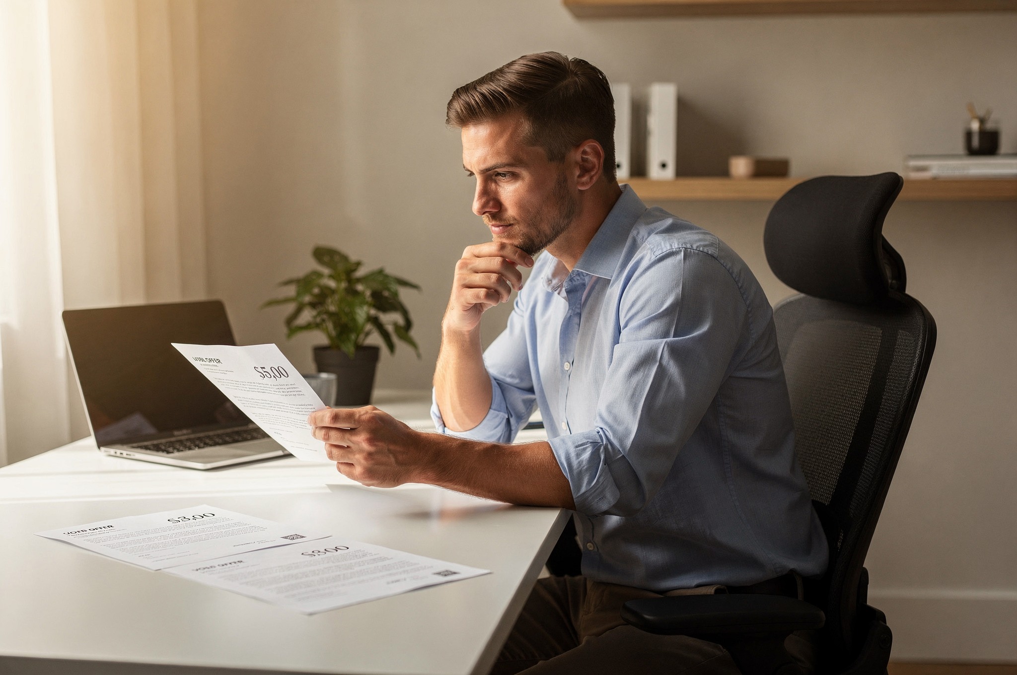 Young man reviewing financial documents and job offers at a modern desk