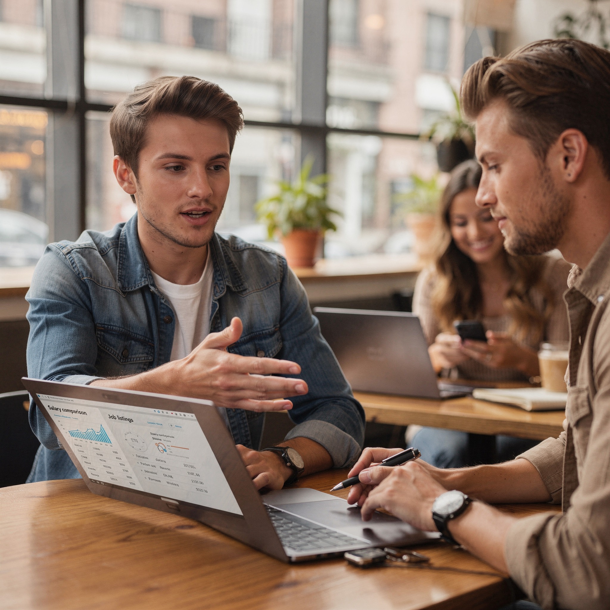 Two young White men comparing salary offers on laptops at a coffee shop