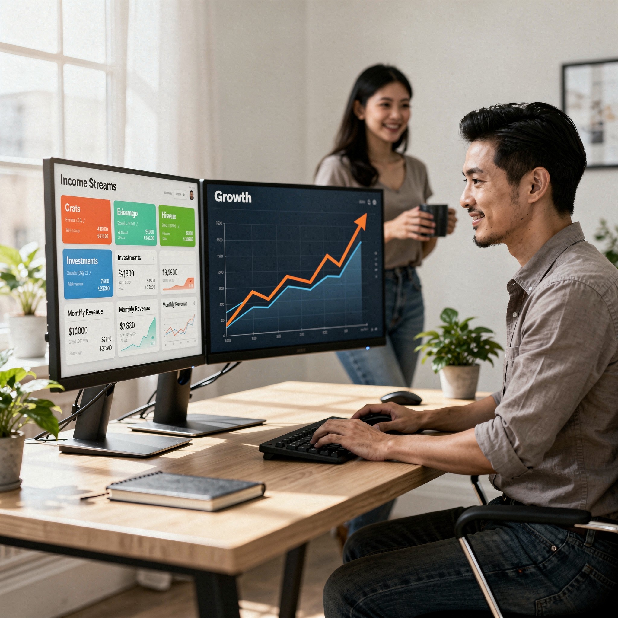 Young Asian man working on multiple screens with financial charts and a small business dashboard