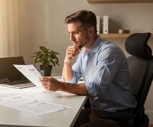 A sharp, cinematic editorial photograph of a handsome young White man in his mid-twenties sitting at a clean modern desk, reviewing two printed job offer letters with different salary figures visible, one significantly higher than the other. He has a focused, calculating expression. Natural window light, minimalist home office setting, warm tones. Professional financial journalism aesthetic. Photorealistic.