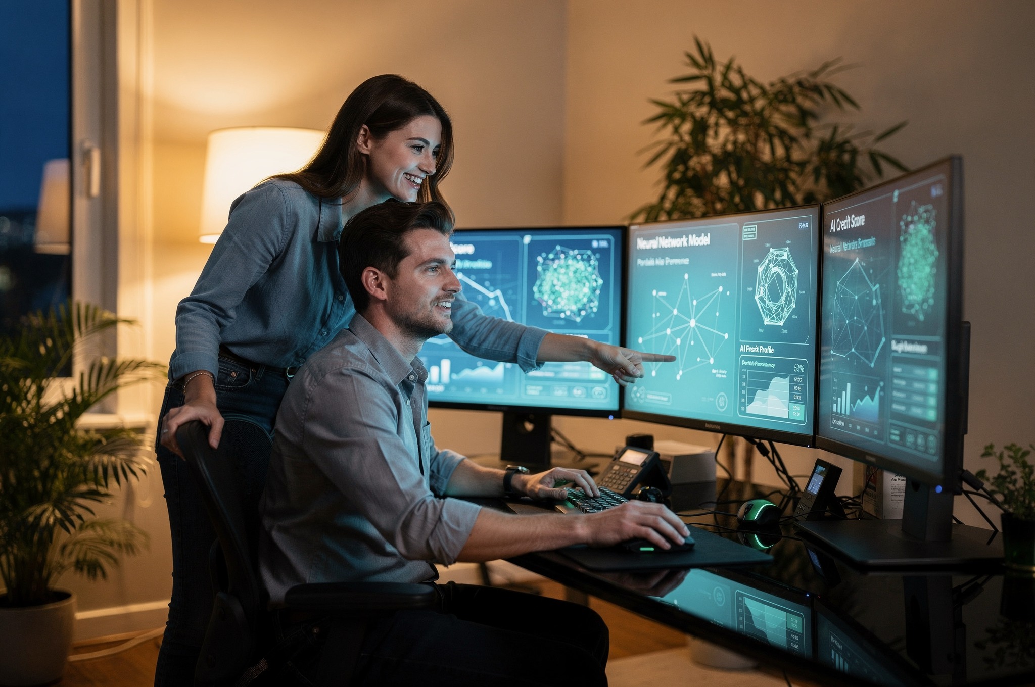 Young man analyzing financial data on multiple screens showing AI credit scoring dashboards