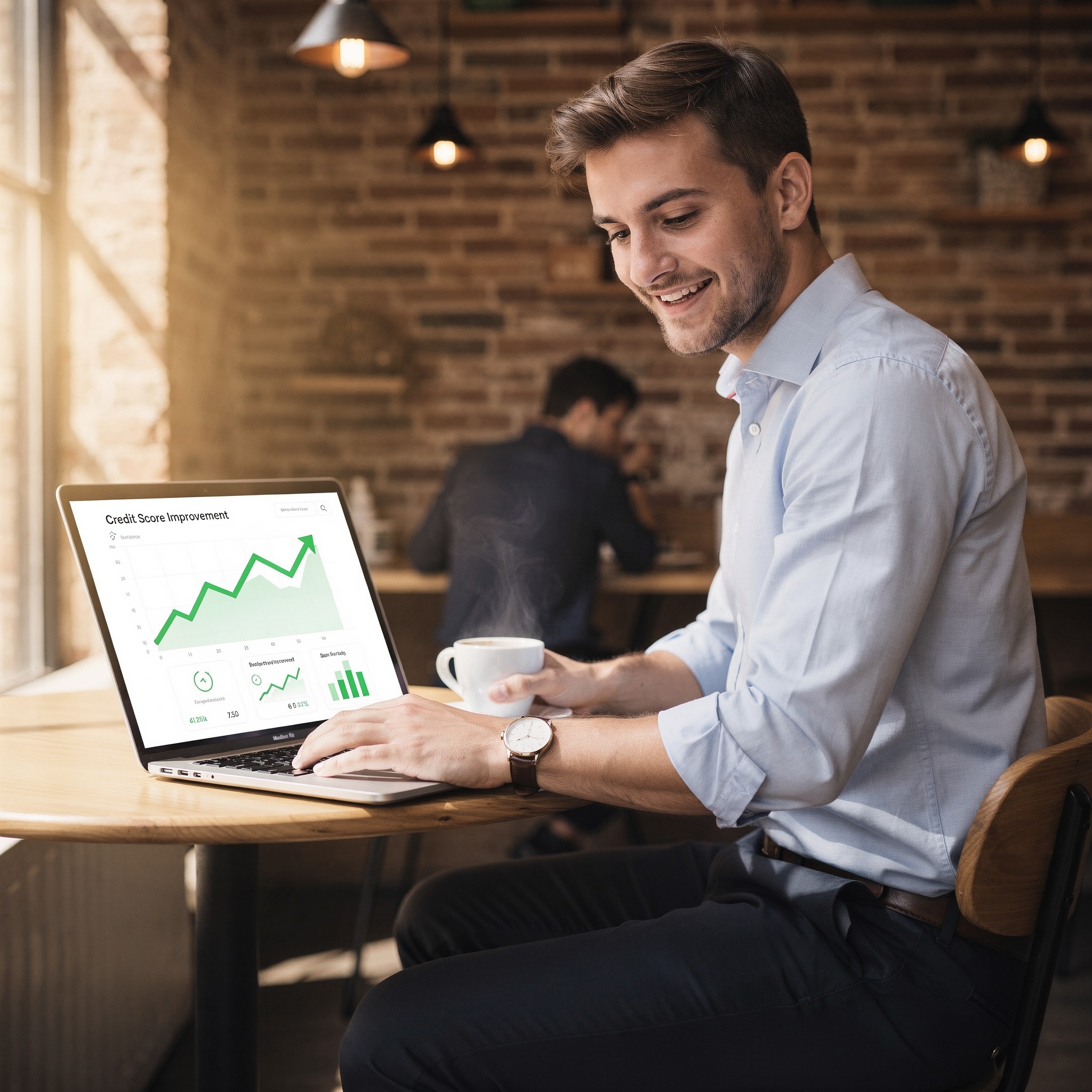 Attractive young White man reviewing credit score improvement on a sleek laptop at a modern coffee shop