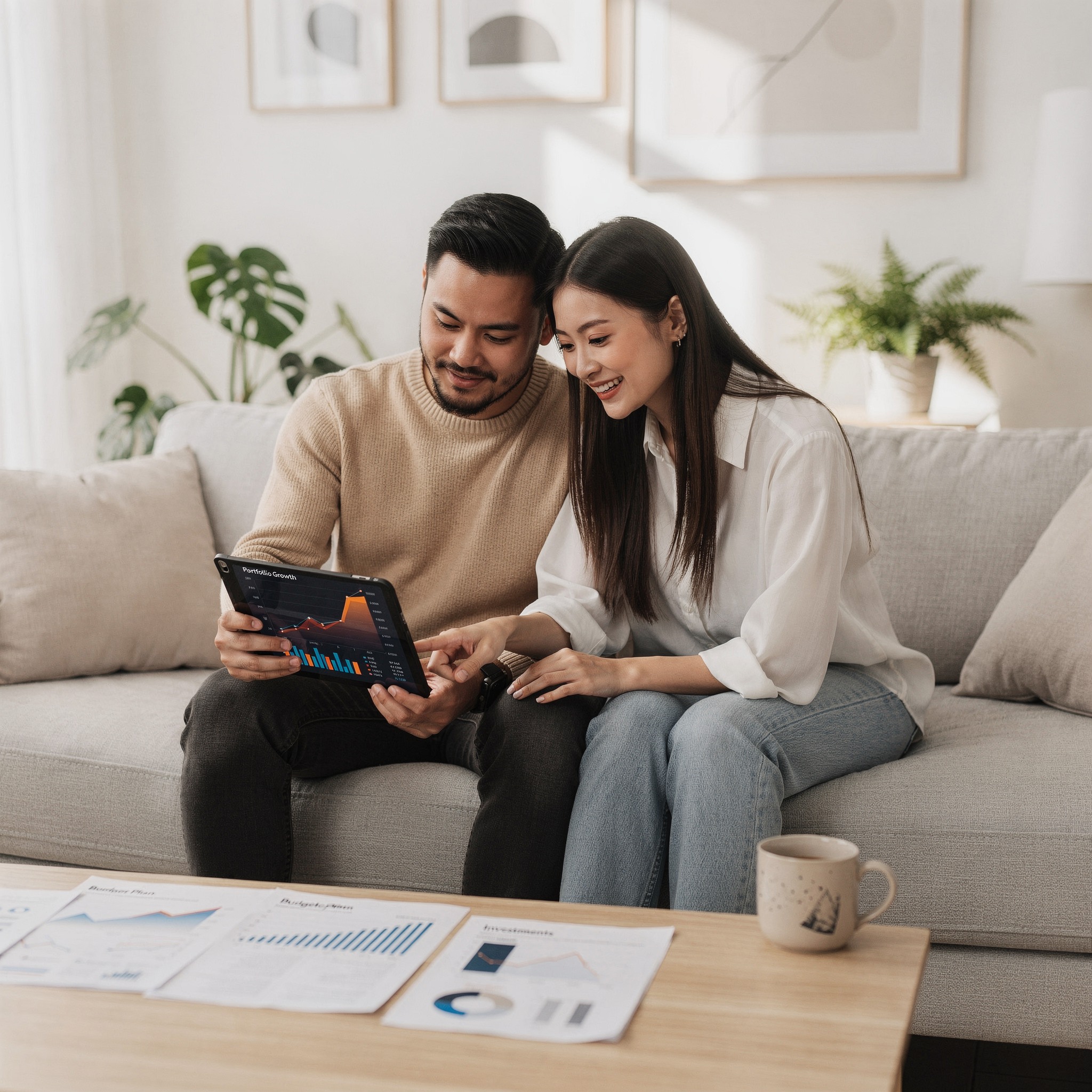 Young Asian man and his cheerful girlfriend discussing financial planning with tablet showing investment portfolio growth