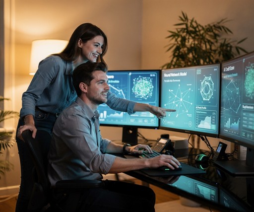 A sleek, cinematic wide-angle shot of a handsome young White man in his mid-20s sitting at a high-tech workstation with multiple curved monitors displaying AI credit scoring dashboards, neural network visualizations, and financial data charts in cool blue and green tones. The room is a modern home office with soft evening lighting, plants in the background, and a confident, focused expression on his face. His attractive cheerful girlfriend leans in over his shoulder pointing at one of the screen