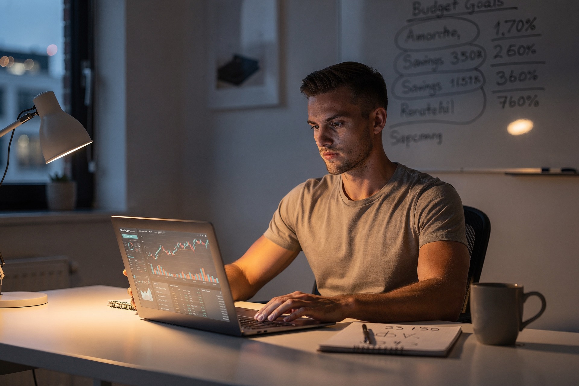 Young man reviewing finances on laptop at minimalist apartment desk