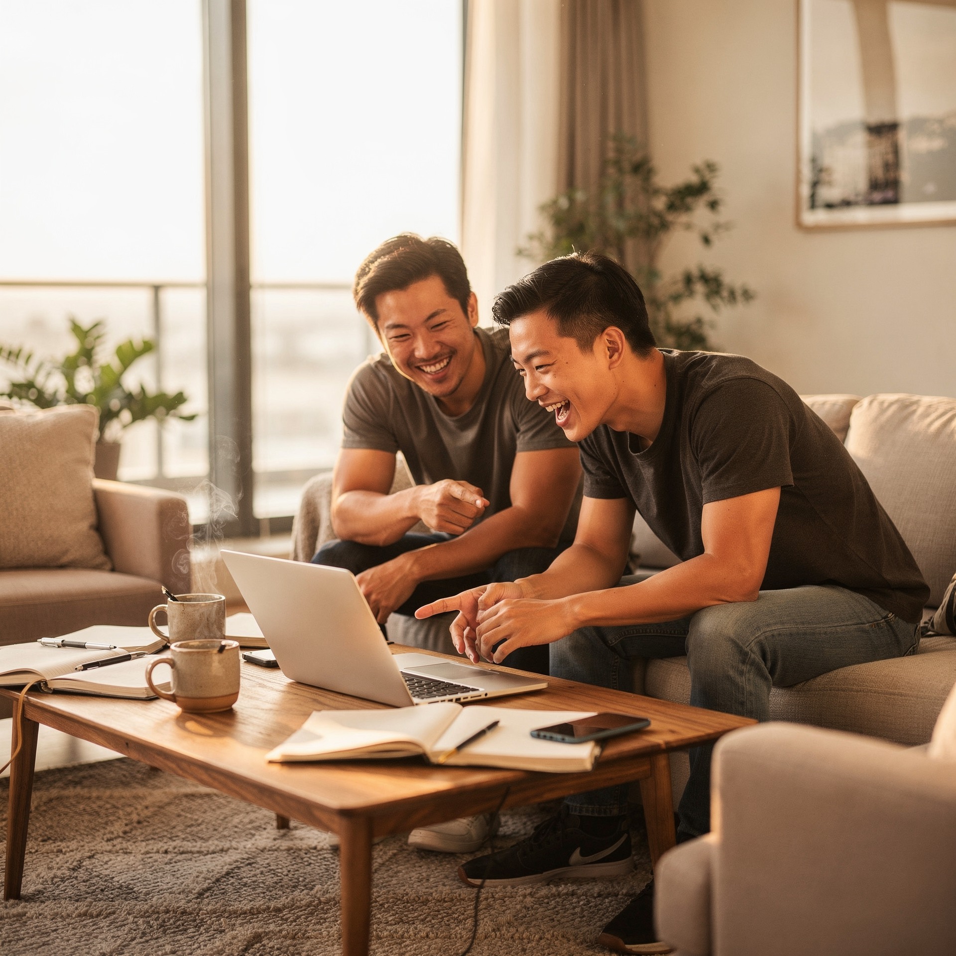 Group of young White and Asian men gathered around a laptop in a casual living room setting
