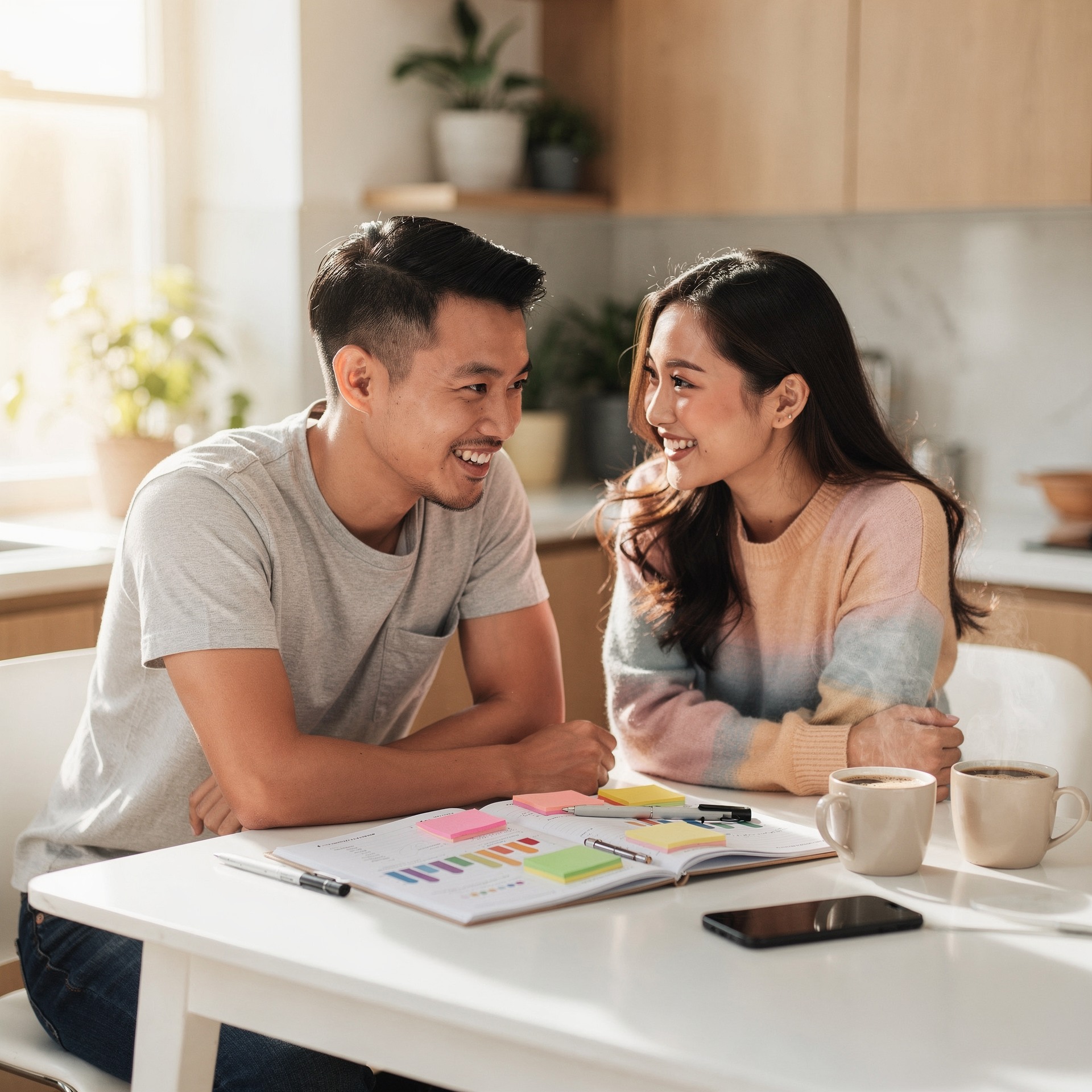 Young Asian man and his cheerful girlfriend reviewing a budget notebook together at a kitchen table