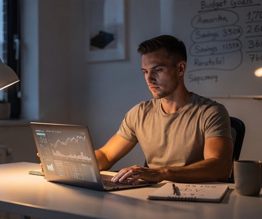 A focused, handsome young White man in his mid-20s sitting at a clean, minimalist apartment desk late in the evening, reviewing financial charts and spreadsheets on a sleek laptop, warm desk lamp light, a whiteboard behind him covered in budget goals and savings milestones, photorealistic, cinematic lighting, confident and determined expression, modern urban apartment aesthetic